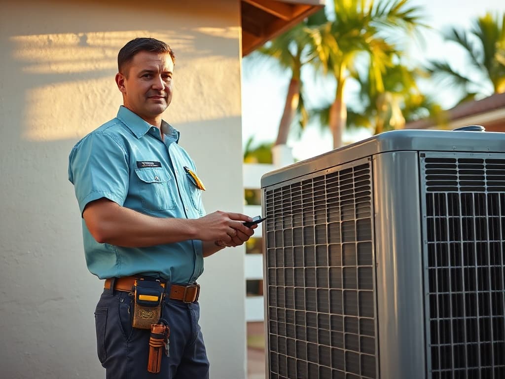 HVAC technician servicing a condenser outside a Florida home
